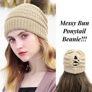 Beige Knit Criss Cross Ponytail Pom Pom Beanie